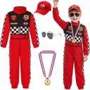 Race Car Driver Costume for Boys Racer Jumpsuit with Car Cap for Halloween Dress Up