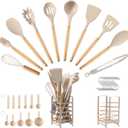 hecef Kitchen Utensils Set, 32 PCS Silicone Cooking Utensils Set with Stainless Steel Holder, 446F Heat Resistant Food Grade Kitchen Gadgets Tools Set Wooden Handle for Nonstick Cookware (Khaki)