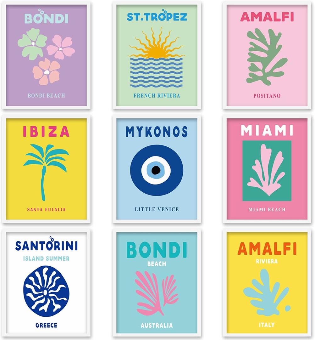 Whaline 9Pcs Preppy Travel Wall Art Prints Abstract Aesthetic Preppy Room Decor Colorful Minimalist Unframed Art Poster Decor for Living Room Teen Girls Bedroom College Dorm Decor, 10 x 12 Inch