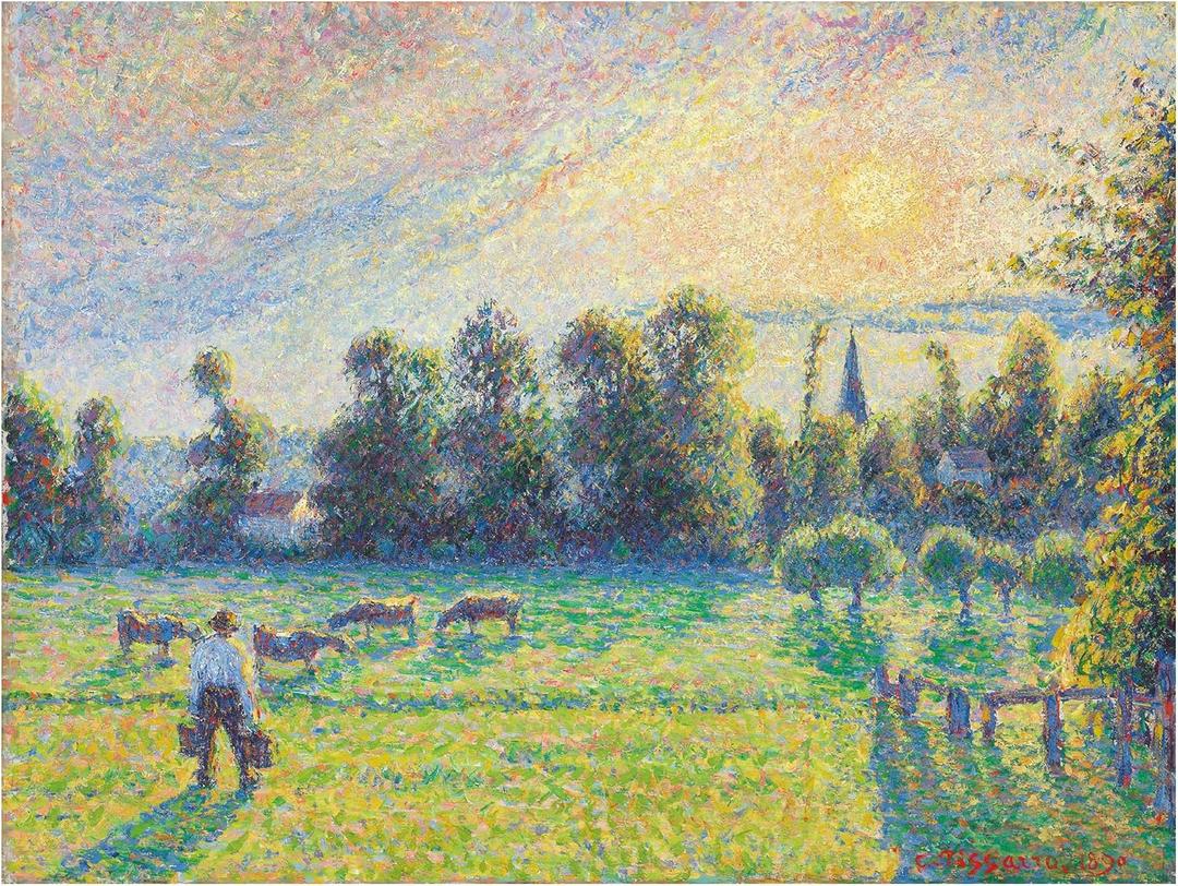 Trademark Fine Art Canvas Wall Art - Camille Pissarro 'Pasture, Sunset, Eragny; Paturage, coucher de soleil, Eragny, 1890' Wall Art for Living Room, Bedroom, or Office Décor, 19"L x 14"W