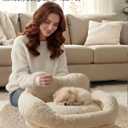 Elevated Cat Bed & Small Dog Sofa with Wood Legs - Mid-Century Modern Pet Furniture, Round Faux Fur Calming Chair for Indoor Cats & Puppies up to 55lbs, Fluffy Washable Cover(24") (white)