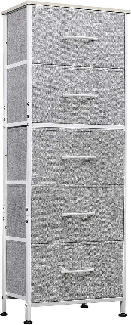 WLIVE Fabric Dresser, 5-Drawer Tall Dressers for Bedroom, Storage Dresser Organizer with Fabric Bins, Wood Top, Sturdy Steel Frame, Chest of Drawers for Closet, Hallway, Light Grey