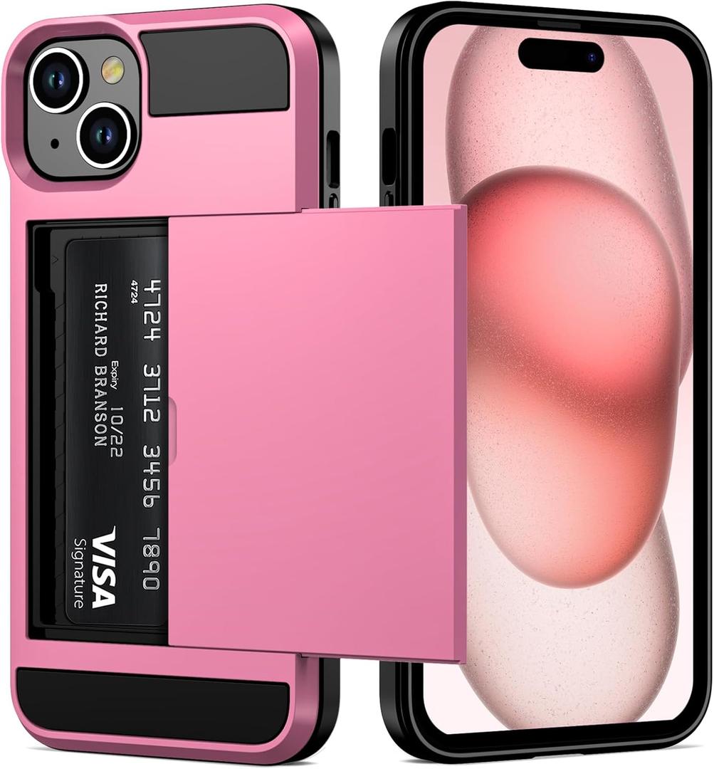 Vofolen for with iPhone 15 Wallet Case with Card Holder, Dual Layer Shockproof Wallet Phone Case, Hidden Card Slot Sliding Protective Hard Back Cover Slim Case for Women, 6.1 Inch Pink