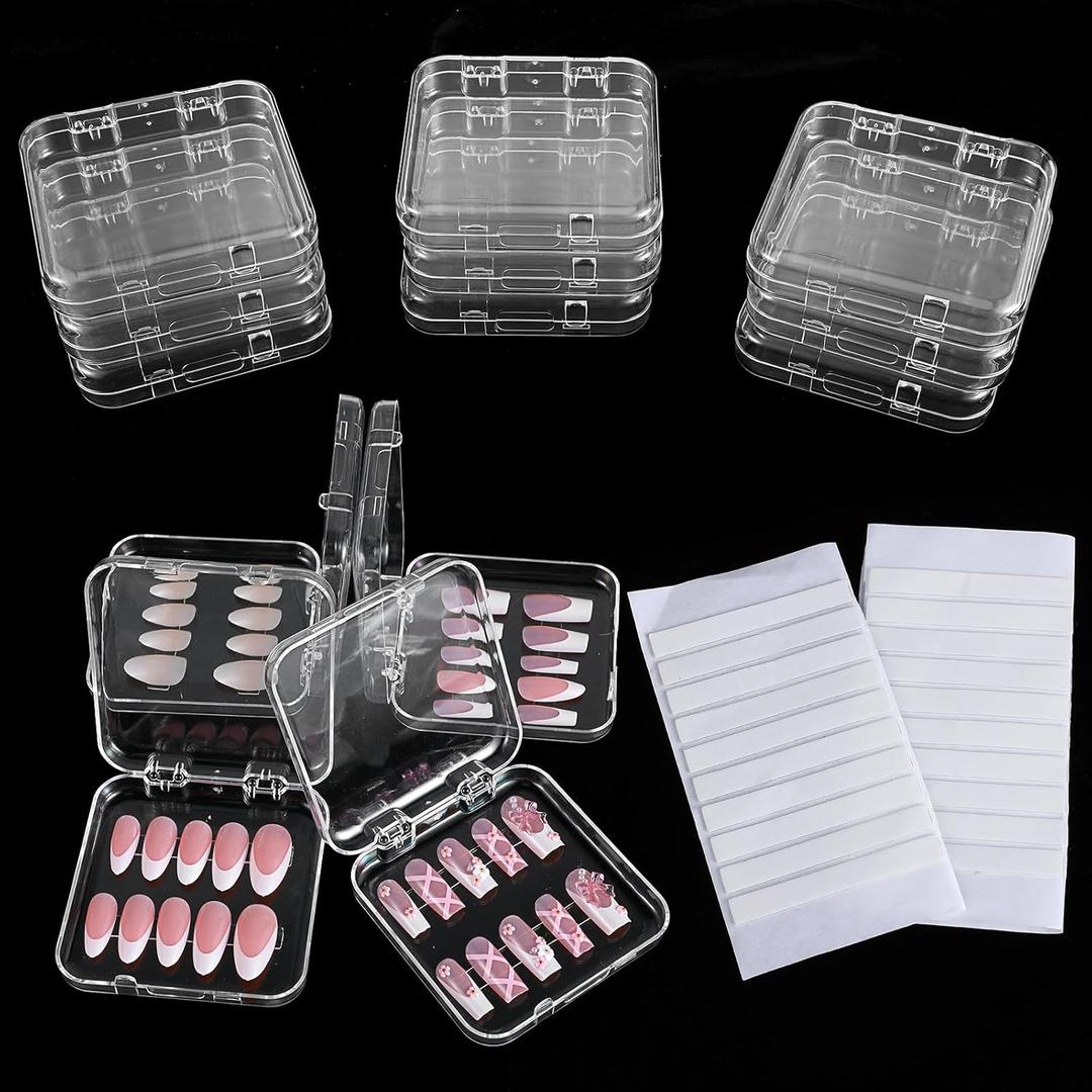 9 Pcs Press On Nail Packaging Box with 30 Pcs Adhesive Double Sided Tape Acrylic Press on Nail Case Clear Nail Packaging for Press Ons Artificial False Nails Display Container Supplies
