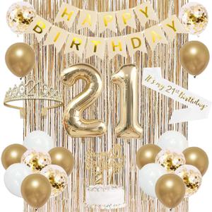 Trgowaul 21st Birthday Decorations for her, Champagne Gold Happy 21st Birthday Supplies for Girls, 21 Sash and Crown, Banner, Fringe Curtains, Cake Topper, 21 Year Old Party Supplies Set