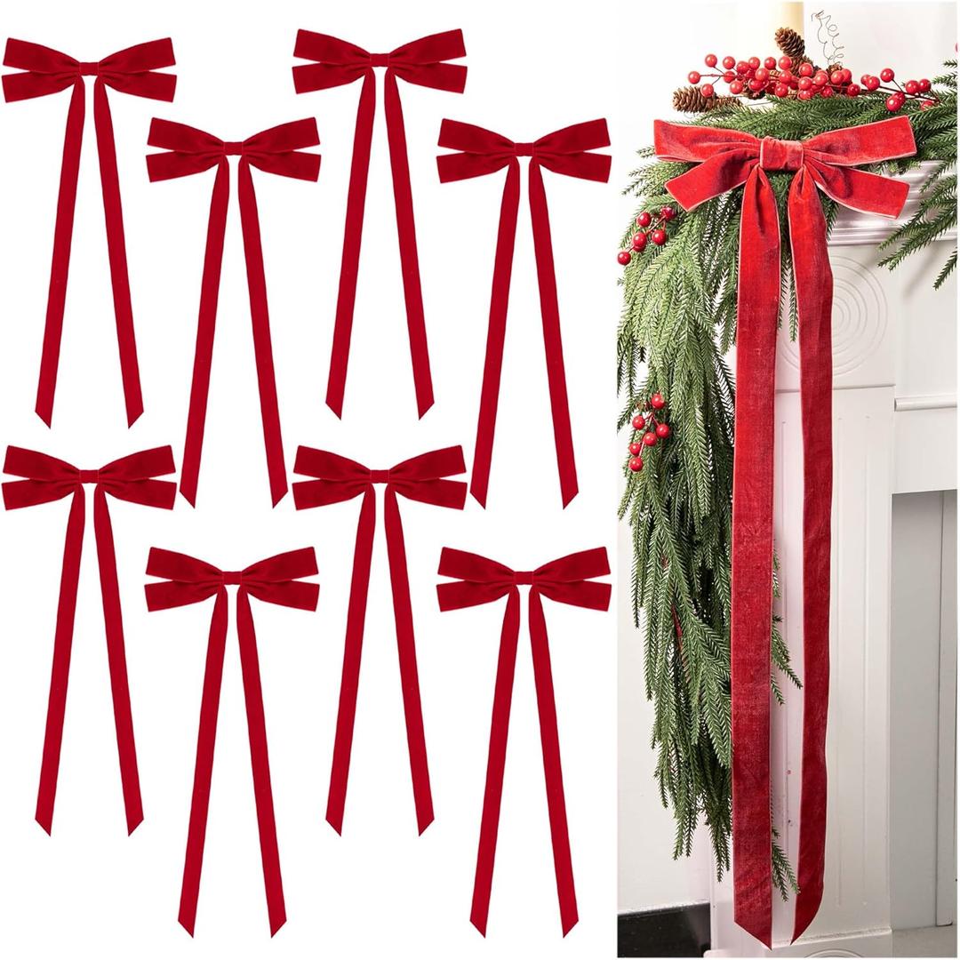 8 Pcs 31.5" x 9.8" Large Red Velvet Christmas Swag Wreath Bows, Rustic Velvet Staircase Fireplace Bow, Vintage Christmas Tree Topper Ribbon Bow Ornaments for Xmas Tree Garland Home Holiday Party Decor