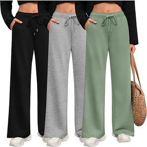 Riyiper 3 Pack Women Wide Leg Sweatpants Drawstring Straight Pants Elastic Waist Joggers Open Bottom Sweatpants with Pockets (Medium,  Beangreen, Light Gray, Black)