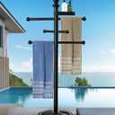 Pool Outdoor Towel Rack, 6 Bars with Top Tray Metal Heavy Duty Pool Accessories with Heavy Metal Base, Hot Tub Accessories Towel Dying Rack Towel Stand for Pool, Hot Tub etc