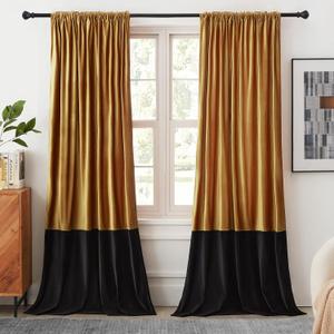 Velvet Curtains 90 inches Long for Living Room Gold Black,2 Panels Blackout Curtains Modern Color Block Back Tab Rod Pocket Soundproof Drapes for Bedroom Window Decor