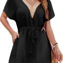 Fayenne Womens Swimsuit Coverups Lace V Neck Sexy Bathing Suit Cover Ups Dress with Pockets Short Sleeve Swimwear Cover Up (Medium, Black)