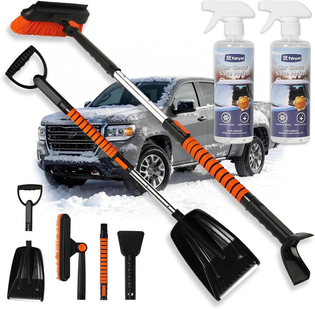 6 in 1 Snow Shovel & Snow Brush with Windshield De-Icer & Ice Scraper for Cars, Trucks, SUVs,40" Extendable & Bendable Thicken Aluminum Tube for Easy Roof Cleaning,180 Pivoting Head & EVA Grip