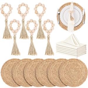 18 Pcs Boho Woven Placemats, Wood Bead Napkin Rings, and Dinner Cloth Napkins Set, 13" Handmade Round Wicker Farmhouse Rustic Placemats, Rattan Chargers for Dinner Plates for Thanksgiving Table Decor