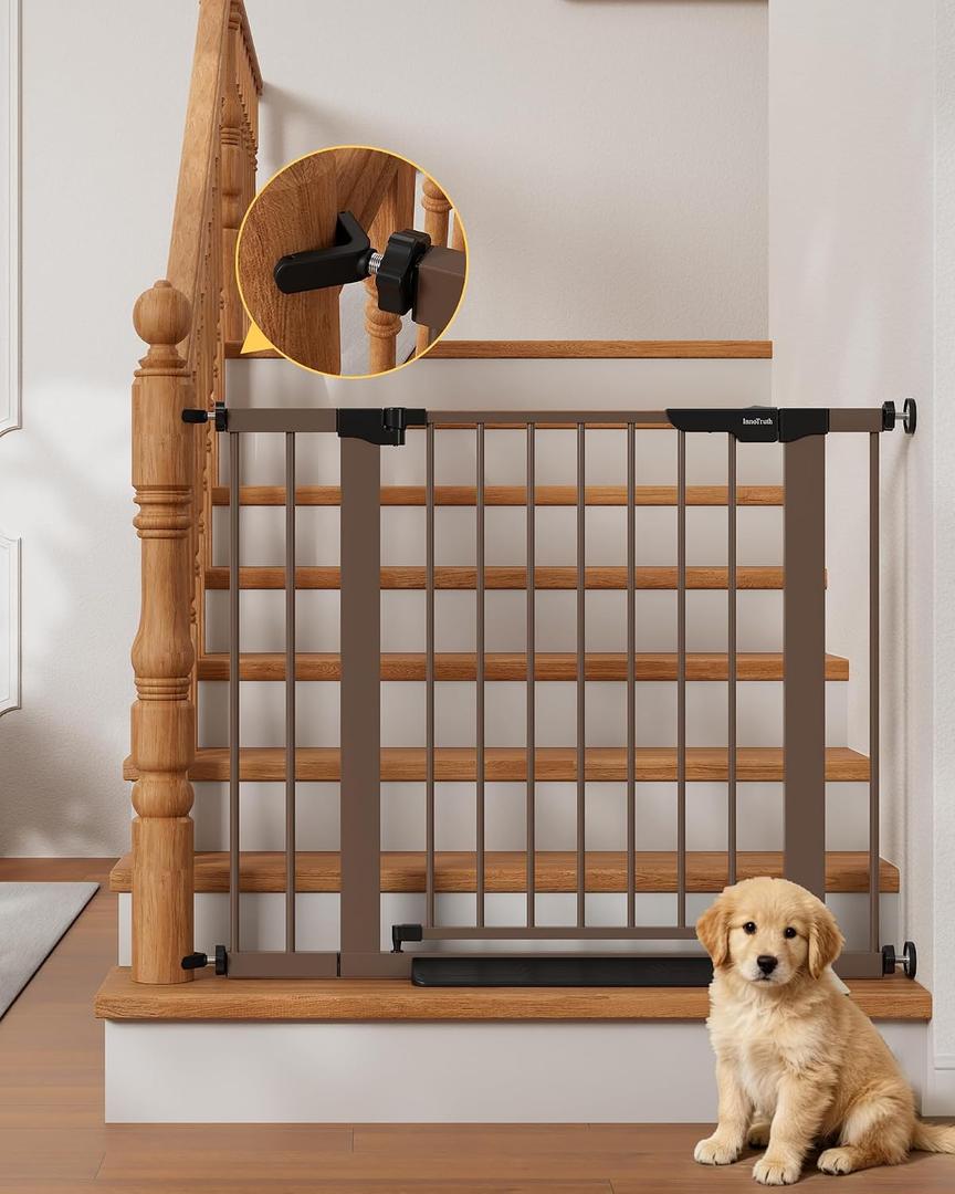 InnoTruth 27-36.6 in Wide Baby Gate for Stairs and Doorways, Brown
