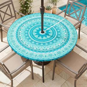 pickyNproud Round Tablecloth with Umbrella Hole and Zipper, Waterproof Wipeable Table Cloth for Outdoor Patio Umbrella Table, Heavy Duty Table Cover for Picnic Garden BBQ