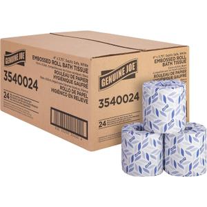 Genuine Joe Embossed Bath Tissue, 2-Ply, Septic Safe, Individually Wrapped, 4" x 3.75", 400 Sheets/Roll, 24 Count