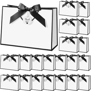 Locmeo 20 Sets Large Bow Ribbon Thank You Gift Bags Bulk with Handles 11 x 4 x 8 Inch Paper Gift Wrap Bags for Christmas Wedding Baby Shower Birthday Anniversary Holiday Party(Black and White)