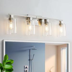 SOPEAS 4 Light Bathroom Light Fixtures, Brushed Nickel Modern Bathroom Vanity Light with 3 Clear Glass Shade, Bathroom Lighting Fixtures Over Mirror, Vanity Lights for Bathroom Mirror