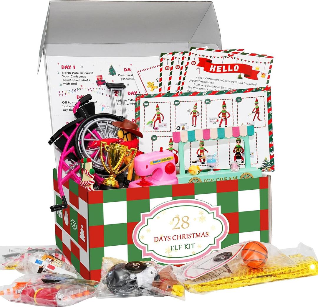 Elf Kit 28 Days of Christmas 2025 with 28 Daily Surprise Scenes & Accessories include Clothes Elf Adventure Starter Kit Countdown for Christmas Holiday Props Decoration Gift ideals (Elf Not Included)