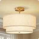 16" Semi Flush Mount Ceiling Light, 3-Light Drum Ceiling Light Fixture with 2-Tier Linen Fabric Shades, Close to Ceiling Light for Living Room, Bedroom, Kitchen, Beige & Gold D10DD05