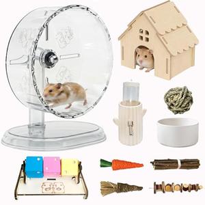 12-in-1 Hamster Cage Accessories Kit for Dwarf & Syrian Hamsters, Silent Exercise Wheel 9.5", Wooden Hideout, Water Bottle, Ceramic Food Bowl, Chew Toys & Small Animal Habitat Starter Set