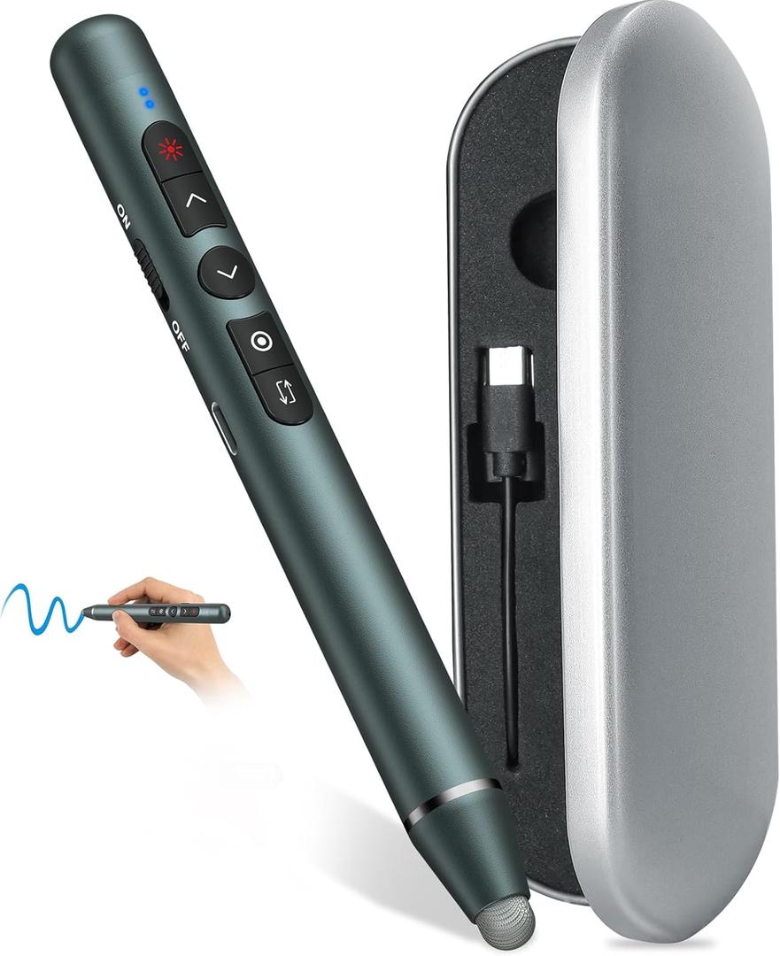 Rechargeable Presentation Clicker Stylus Pen for Touch Screen, Wireless Presenter Remote Laser Pointer USB PowerPoint Clicker Slide Advancer with Hyperlink Volume Control for Mac/Computer (red Laser)