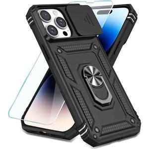 SunStory Compatible with iPhone 14 Pro Case with HD Screen Protector & Slide Camera Cover & Rotated Ring Kickstand, [Military-Grade] Phone Case for iPhone 14 Pro (BBlack)