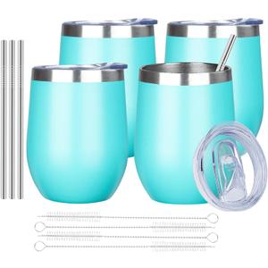 MEZMUT 12 Oz Insulated Wine Tumbler with Lid Double Wall Vacuum Stainless Steel Wine Glass Coffee Mug Insulated Tumbler Cup for Champaign, Cocktail, Beer (Teal, 4 Pack)