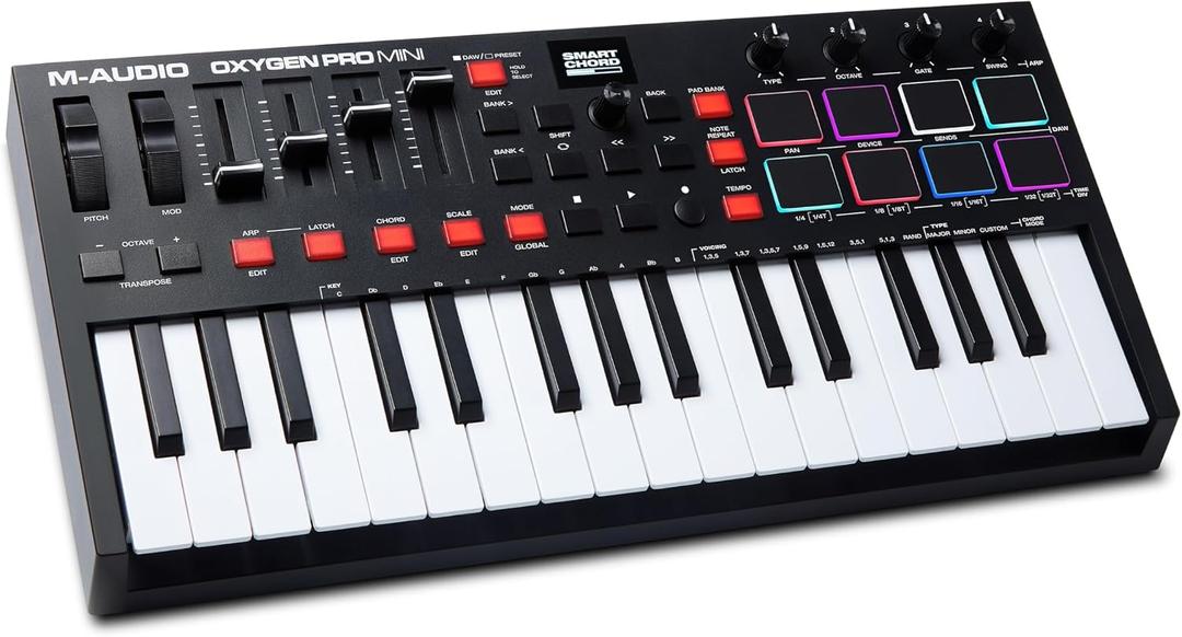 M-AUDIO Oxygen Pro Mini 32-Key USB MIDI Keyboard Controller for MacOS and WinOS, with Beat Pads, Assignable Knobs and Faders, and Native Instruments Sound Pack (NKS Integration)