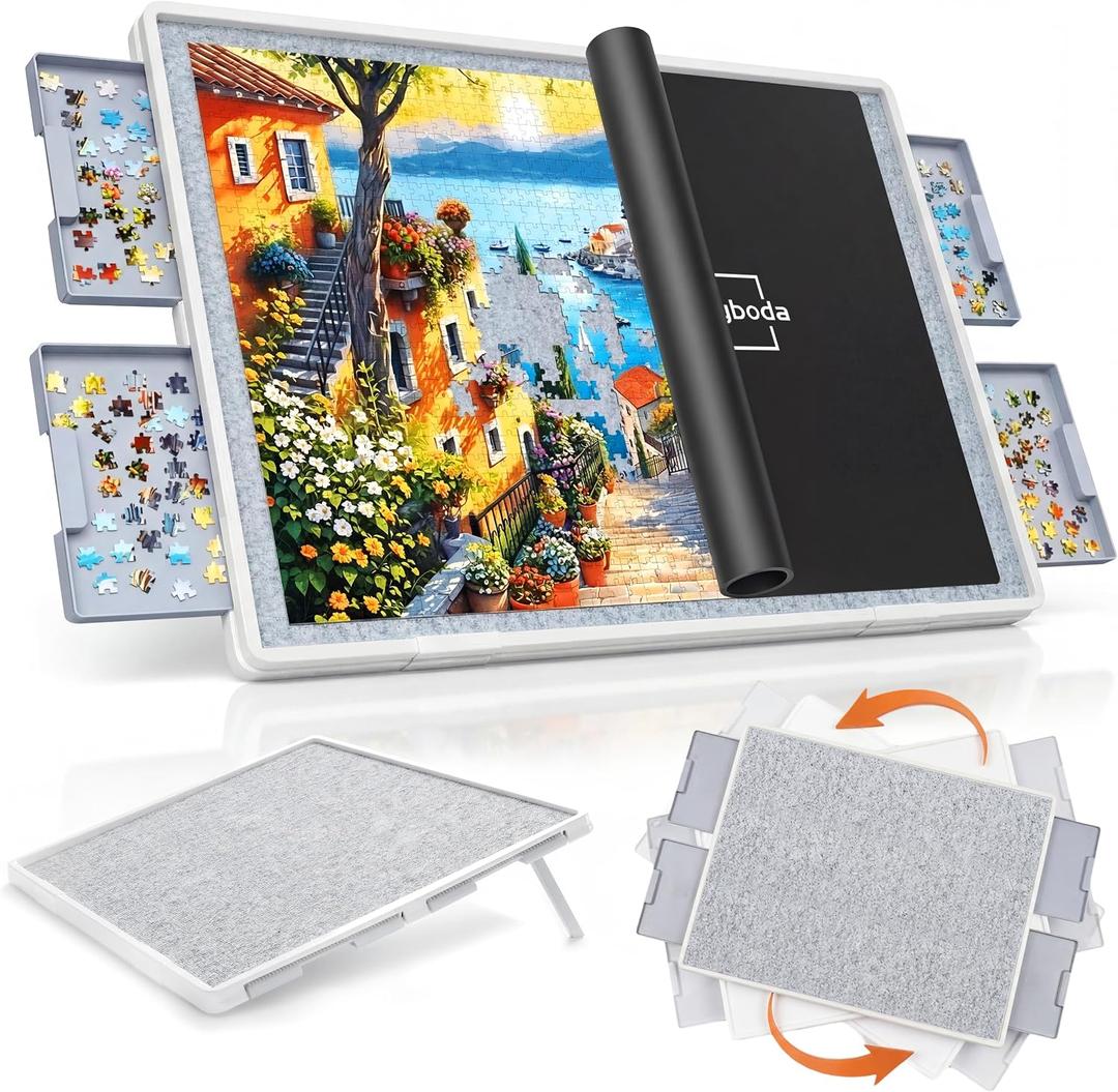 Playboda 1500 Pieces Tiltable & Rotating Puzzle Board with Drawers, Anti-Slip Mat and Black Cover, 35"x27" Portable Spinning Plastic Jigsaw Puzzle Table for Adults, Upgraded Lazy Susan