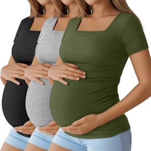 Huukeay 3 Pack Women's Maternity Shirt Ribbed Cotton Short Sleeve Maternity Top Square Neck Side Ruched Summer Pregnancy Tees (Large, Black, Heather Gray, Army Green)
