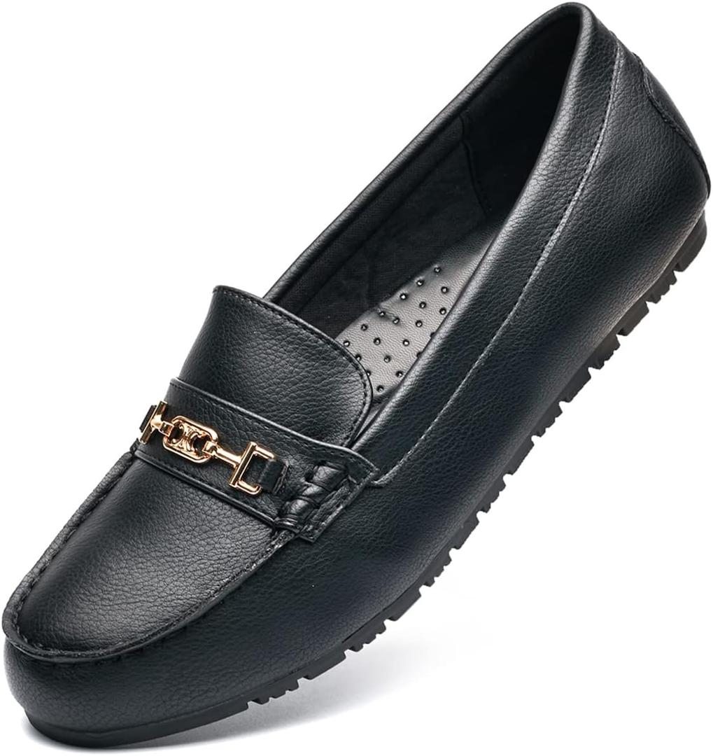 DeYashopin Women's Loafer Shoes Leisure Slip On Work Shoes Comfort Walking Flats (8.5 Wide, Black Leather)