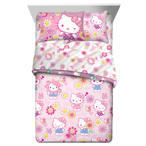 Jay Franco Sanrio Hello Kitty Twin Size Comforter Set - 4 Piece Red & Grey Bedding Includes Sheet Set & Pillow Covers - Super Soft Cozy Kawaii Bedding