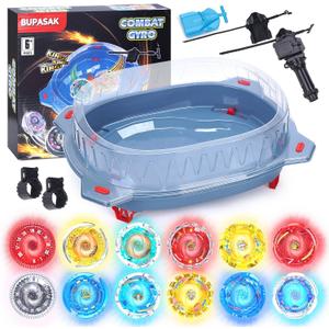 BUPASAK Light Ignite Spinning Tops Battle Set, with Stadium, 12 Light Ignite Spinning Tops, and 3 Launchers, Toys for 6 Year Old Boys & Girls & Up (Amazon Exclusive)