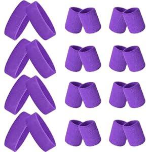 24 Pieces 80s Neon Sweatbands Set, Include 8 Sports Headbands and 16 Sweat Wristbands Elastic Athletic Tennis Sweat Bands Bulk for Man Woman(Purple)
