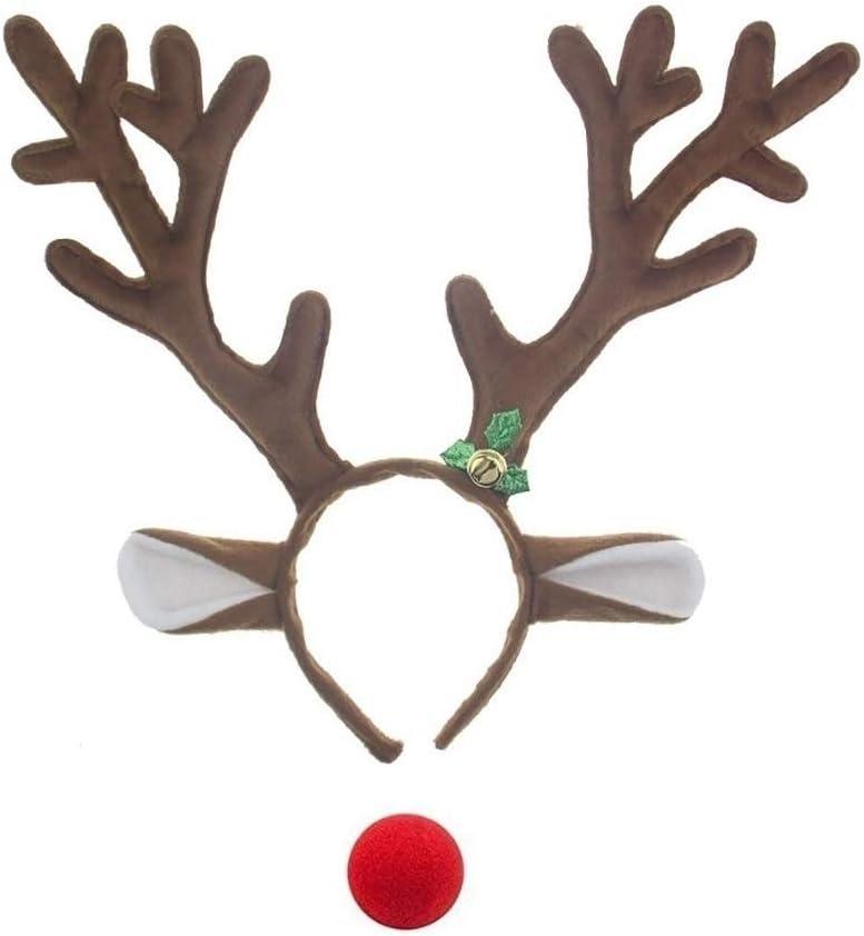 Reindeer Antlers Headbands with Red Nose for Adults Teens Christmas Santa Holiday Parties (One Size)