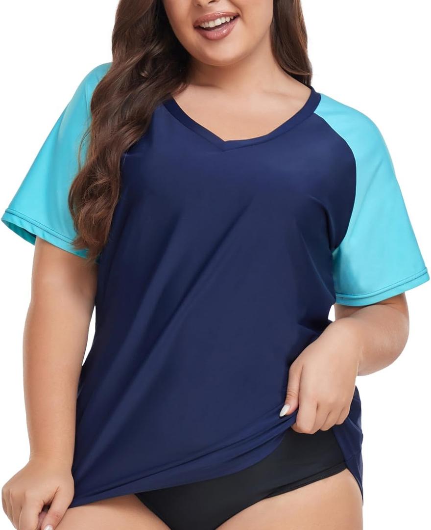 FOREYOND Plus Size Rash Guard Shirt for Women Short Sleeve Swim Top UV UPF 50+ Sun Protection Summer Swim Shirts Swim Suit (XXXL)