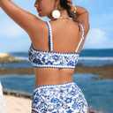 Herseas Women's Bikini Sets Floral Print Whip Stitch 2 Piece Swimsuits High Waisted Scoop Bathing Suits (Blue, L)
