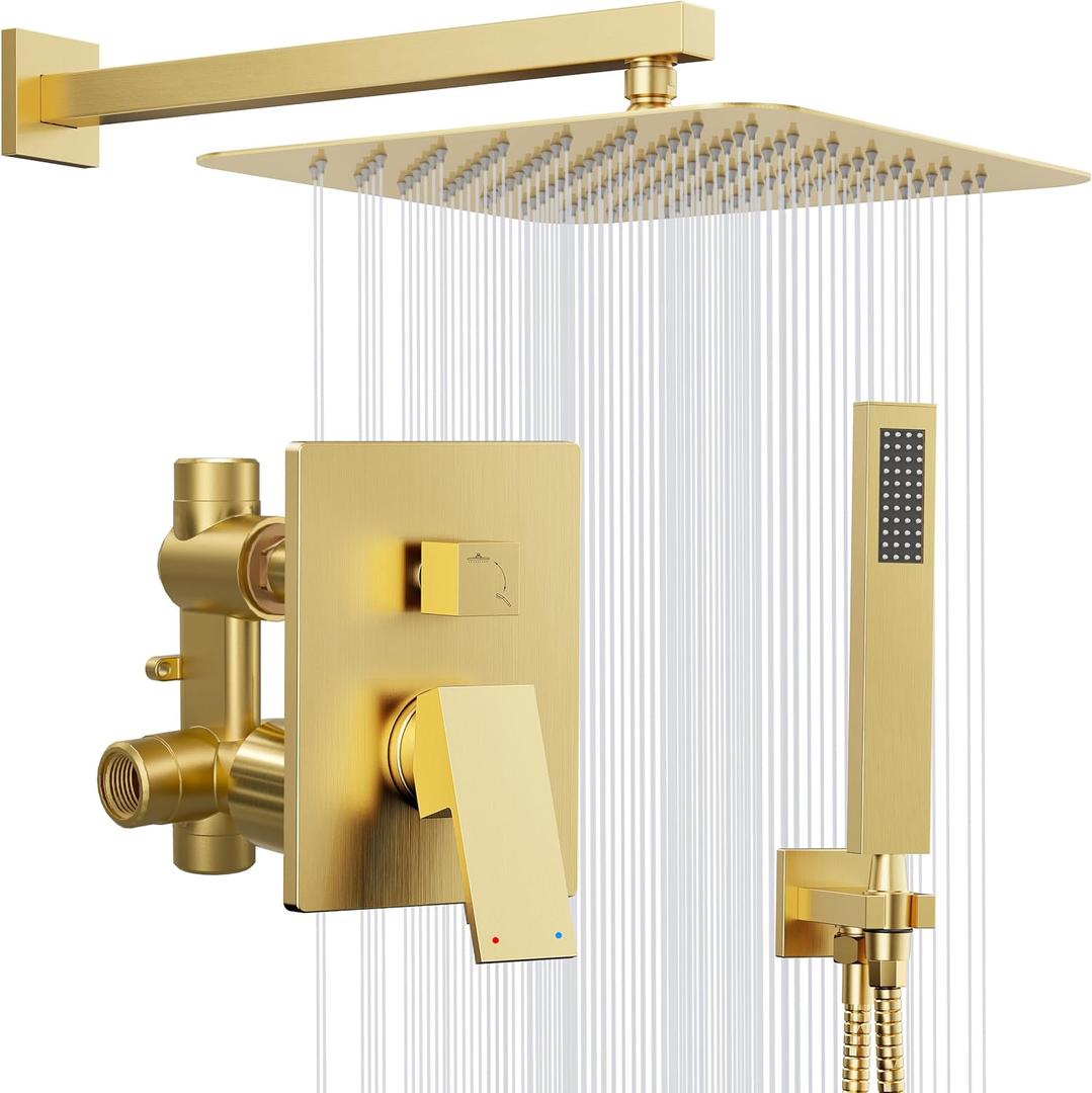 Kurpot Gold Shower System, 10'' Square Rainfall Shower Head with Handheld Combo Spray, Bathroom Brushed Gold Shower Faucet Set with Valve, 59'' Shower Hose, Shower Trim Kit and Diverter, Wall Mounted