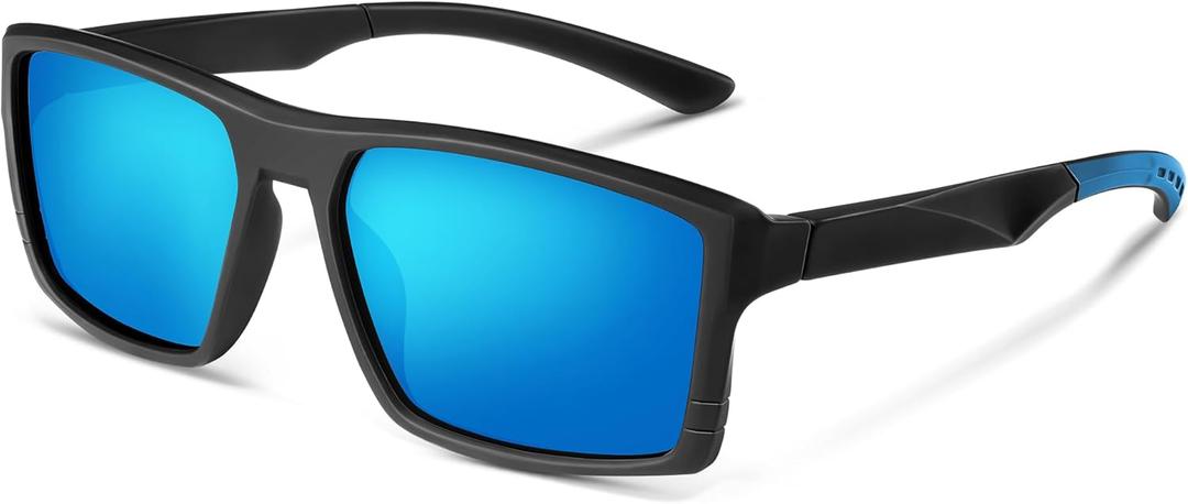 2 x Sunglasses Men Polarized,Square Frame Sport Mens Sun Glasses Fishing Running Cycling Driving UV Protection (Black Frame Blue Legs Blue Lens)