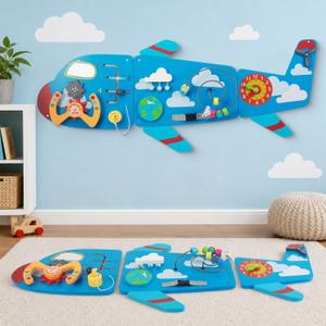 WOODENFUN Wooden Activity Wall Busy Board for Toddlers, 12 in 1 Airplane Montessori Sensory Wall Panel with Bead Maze, Baby Learning Toys for Boys Girls