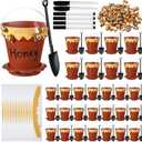 Jingmore 30 Sets Bee Honey Jars Party Favors Bulk, Mini Plastic Bee Theme Honey Jar Pots Decoration with Lids, Dippers and Saucers for DIY Cupcake Dessert Baby Shower Wedding Party Gift Set (Brown) (Count Undetermined)