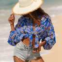 Astylish Womens 2026 Boho Floral Loose Spring Summer Tops Lantern Sleeve Flowy Blouses V Neck Button Down Shirts (M)