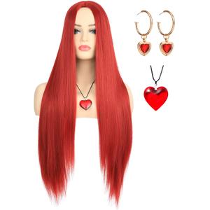 morvaly Womens Long Red Wig with Necklace and Earrings for Queen Costume Middle Part Deep Red Straight Hair Wigs for Adults Halloween Costume Cosplay