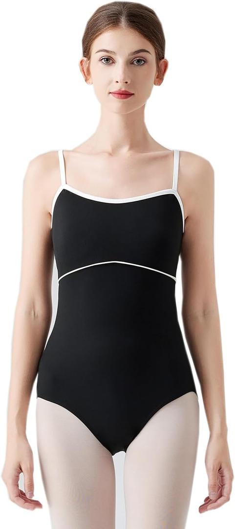 Women's Camisole Leotard with Adjustable Straps for Ballet Dance Leotards (Medium, Black/White Line)