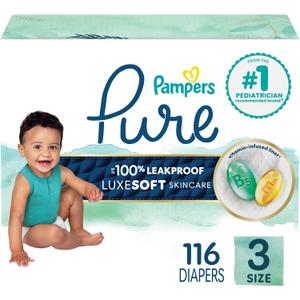 Pampers Pure Baby Diapers, Size 3 (16-28 lbs), 116, Up to 100% Leakproof, Premium Hypoallergenic Soft Diapers