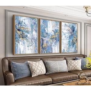 arteWOODS Abstract Framed Wall Art - Blue Gold Splashes Canvas Pictures Wall Decor Modern Dynamic Painting Artwork Prints for Living Room Bedroom Home Decor 36 x 24in * 3 Natural Wood Frame