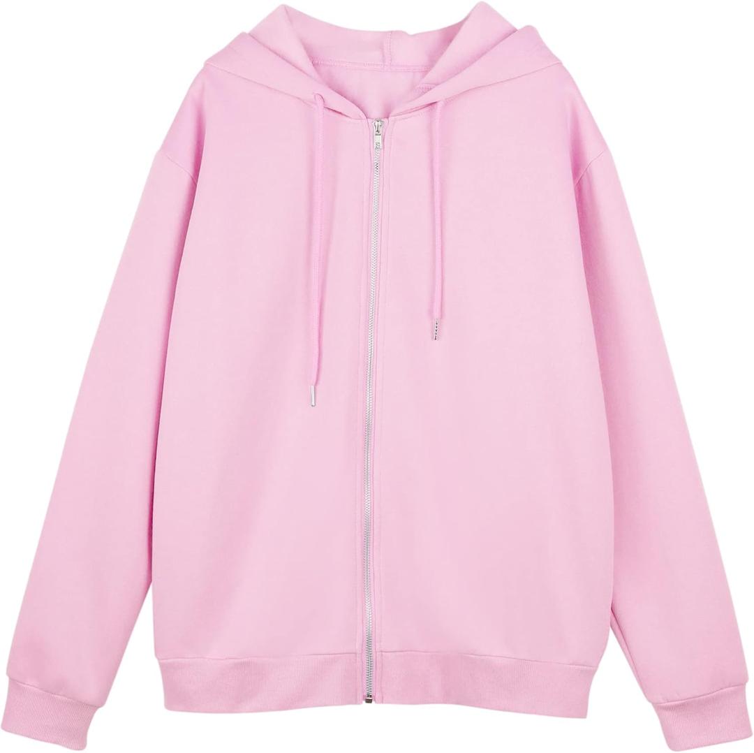 Meladyan Women Oversized Solid Zip Up Hoodie Drawstring Hooded Long Sleeve Fleece Vintage Sweatshirts Jackets Pockets 90s (Small, Pink)