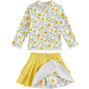 Girls Rash Guard Swimsuit Set UPF 50+ Long Sleeve Two Piece Swimwear Half Zip with Skirt Bottom for Kids 3-10Y