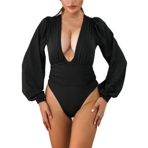 Weigou Women Jumpsuits Long Sleeve V Neck Pleated Loose Bodysuits Tops For Women Leotard Shirts (Medium, Black(1)
