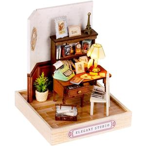 TuKIIE DIY Miniature Dollhouse Kit with Furniture, 1:24 Scale Creative Room Mini Wooden Christmas Doll House Plus Dust Proof for Kids Teens Adults(Elegant Studio)
